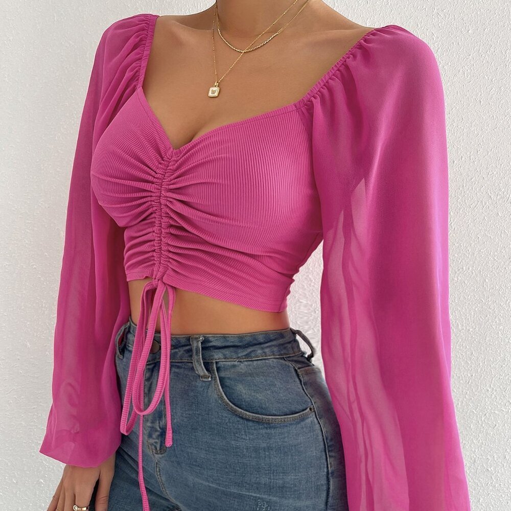Hot Pink Casual Women's Heart Neck Drawstring Ruched Long Sleeve Top - Picture 5 of 6